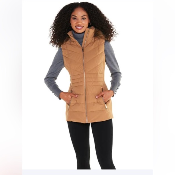 Michael Kors Camel Puffer Vest with Faux Fur Detachable Hood - Picture 1 of 9